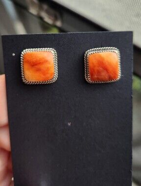 Handmade Sterling Silver 925 Navajo Native American Orange Spiny Square Earrings
